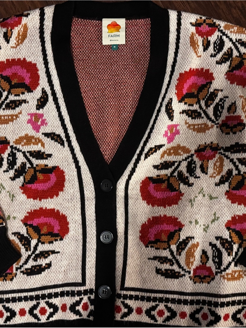 FARM Rio Cream Cardigan with Pink, Black & Brown Floral Knit - Picture 2 of 7